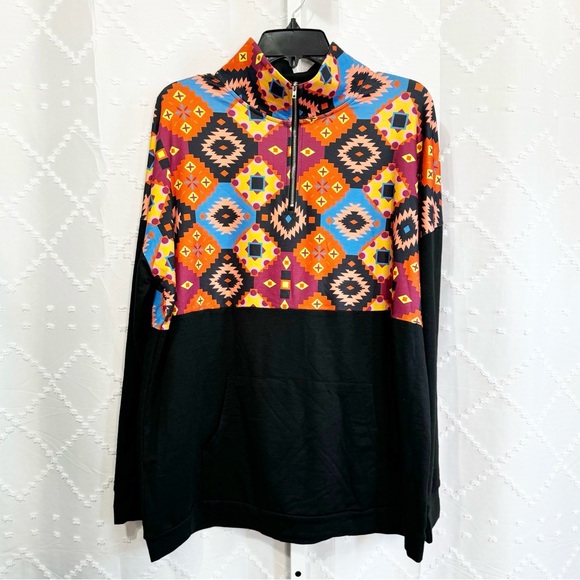 🎲 359. Boho Aztec Print 1/4 Zip Pullover Hoodie Black Multicolor XXL NWOT - Picture 3 of 9